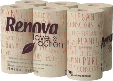 Renova Love & Action toiletpapier, 2-laags, 130 vel, pak van 108 rollen