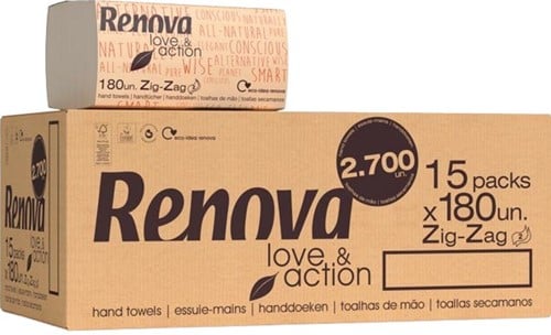 Renova Love & Action papieren handdoeken, Z-vouw, 2-laags, 180 vellen, pak van 15 stuks