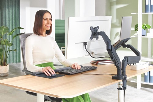 Leitz Ergo ruimtebesparende monitorarm, dubbele arm met 1 laptoparm, grijs-3