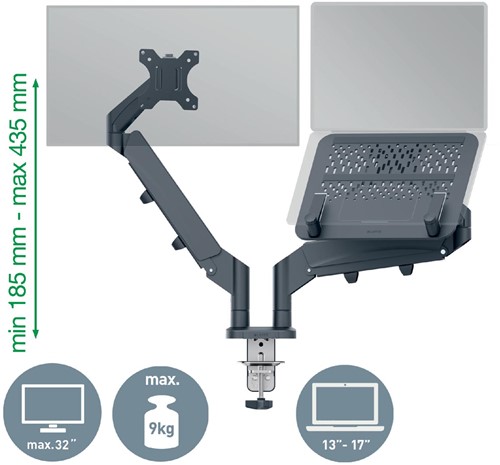 Leitz Ergo ruimtebesparende monitorarm, dubbele arm met 1 laptoparm, grijs-2
