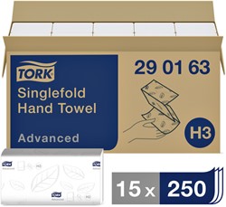 Handdoek Tork H3 Advanced singlefold 2-laags 248x230mm 15x250 vel wit 290163