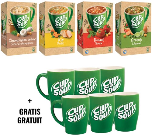 Actie Cup a Soup 1x champignon crouton, 1x kip, 1x tomaat crouton, 1x groenten crouton + GRATIS mokken