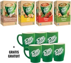 Actie Cup a Soup 1x champignon crouton, 1x kip, 1x tomaat crouton, 1x groenten crouton + GRATIS mokken