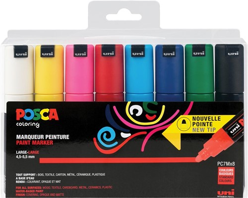 Uni POSCA paintmarker PC-7M, 4,5 - 5,5 mm, etui van 8 markers in geassorteerde basiskleuren